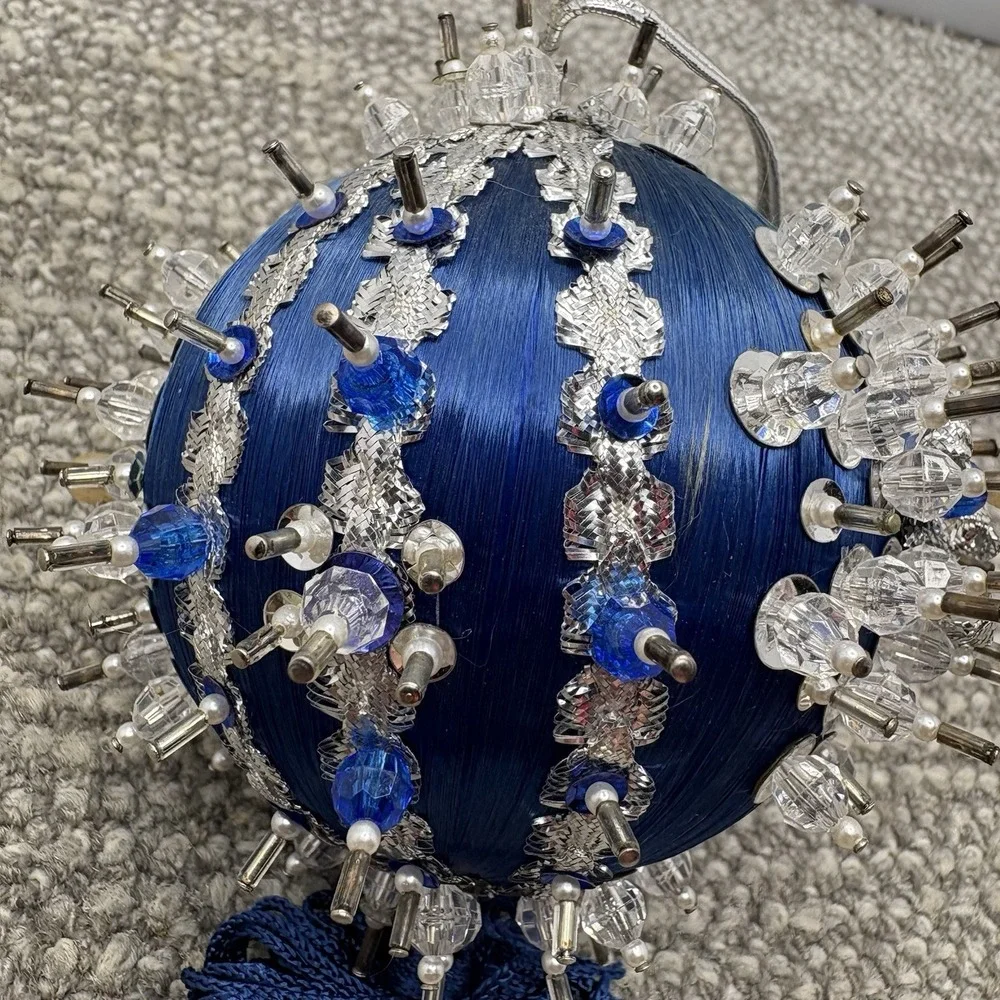 Vtg Silky Blue Christmas Ornament ‎ Pin Satin Beaded With Tassel Unique